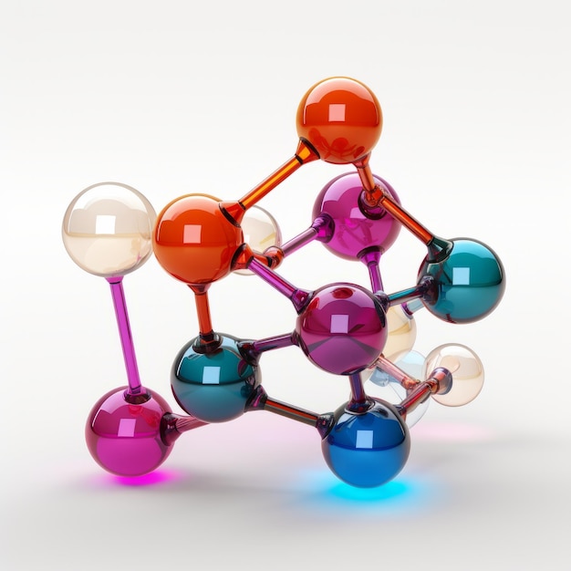 Molécula de modelo 3D de vidrio multicolor sobre un fondo blanco