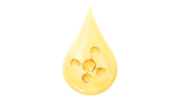 Molécula de oro en gotas de agua transparentes cuidado de la piel y concepto biomédico renderización 3D