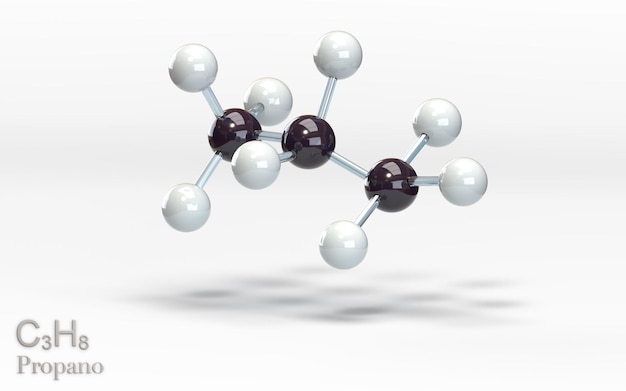 Molécula de propano C3H8 con átomos de carbono e hidrógeno renderizado 3d