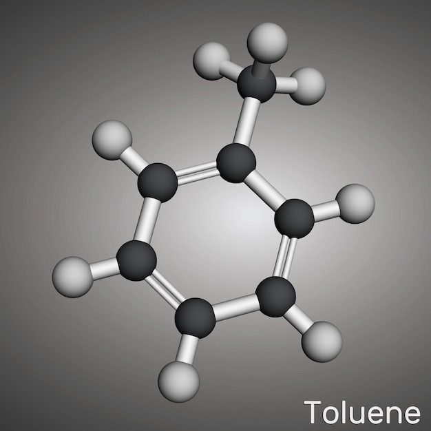 Molécula de tolueno toluolo C7H8 Metilbenceno hidrocarburo aromático Modelo molecular en 3D