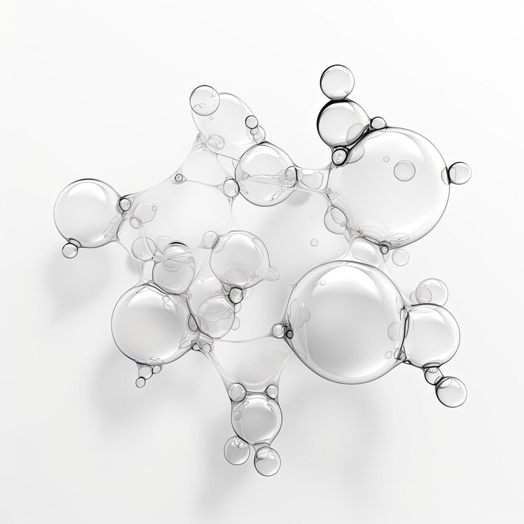 Moléculas de burbujas líquidas cosméticas con fondo blanco transparente antioxidante