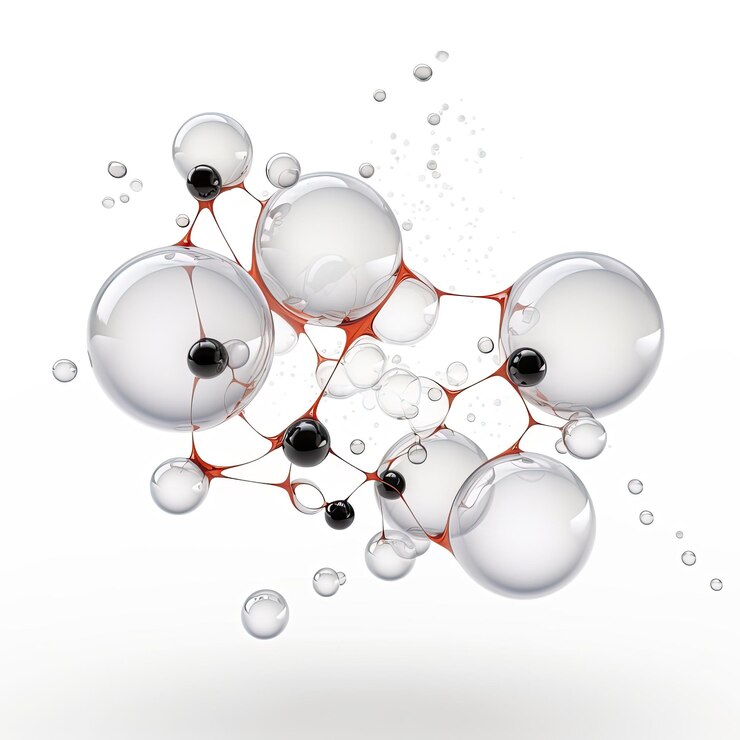 Moléculas de burbujas líquidas cosméticas con fondo blanco transparente antioxidante