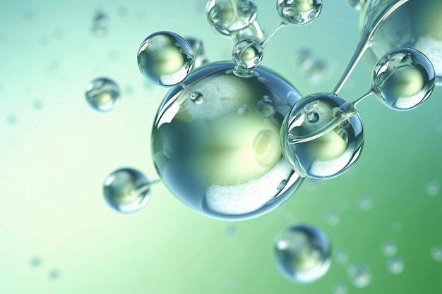Moléculas dentro de bolhas de ar na solução cosmética de cuidados com a pele conceito de fundo macio renderização em 3d