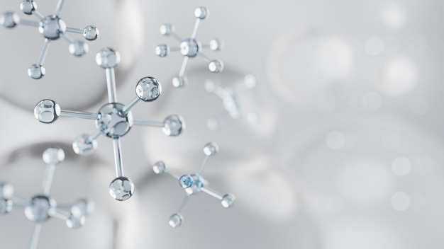 Moléculas suero cosmético reparación de la piel colágeno suero cosmético fondo renderizado en 3D