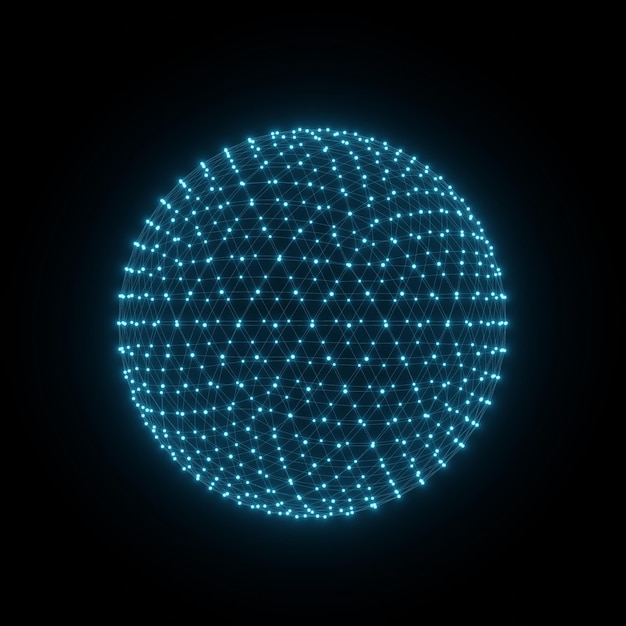 Molekül oder Atom geometrische Kugel Polygon Drahtgitter Licht Hologramm Plexus isoliert schwarzer Hintergrund