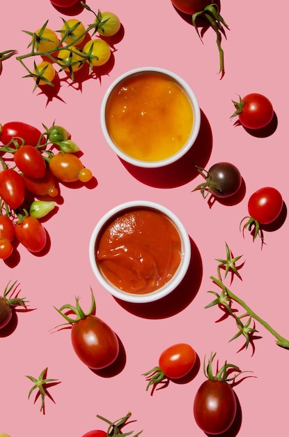 Molho de ketchup de tomate amarelo e clássico e tomates crus vermelhos maduros em fundo rosa