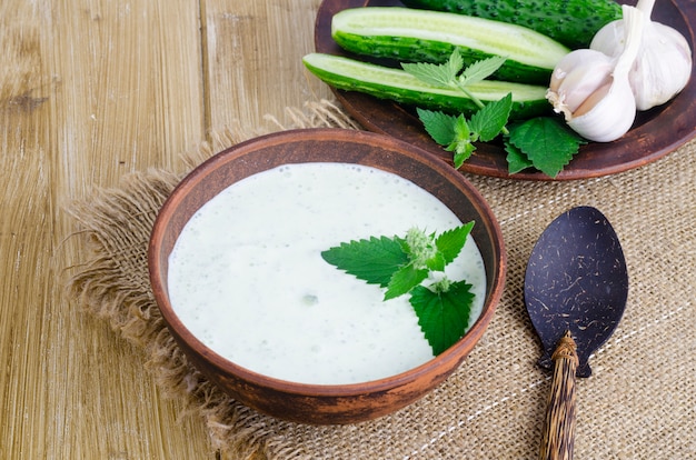 Molho de mergulho grego tradicional ou vestir tzatziki preparado com pepino ralado