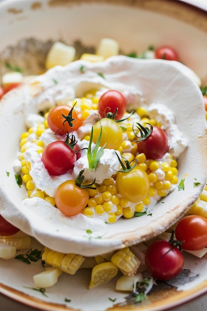 Molho de milho e queijo creme com tomates cereja