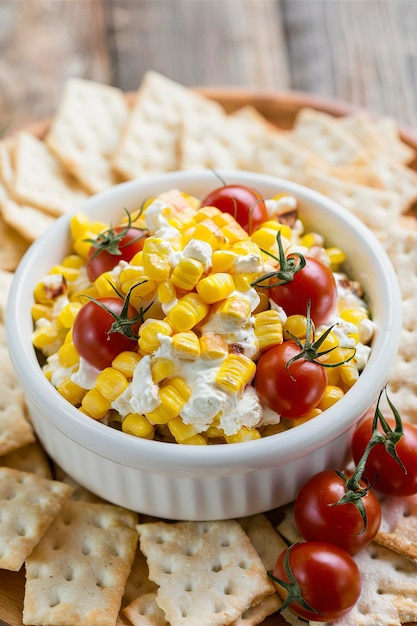 Molho de milho e queijo creme com tomates cereja