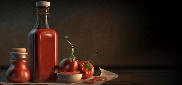 Molho de tomate caseiro em uma garrafa de vidro com tomates maduros de folhas verdes gerados por IA