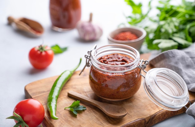 Molho de tomate caseiro para pizza ou macarrão em uma jarra sobre um fundo claro com legumes frescos e ervas fecham