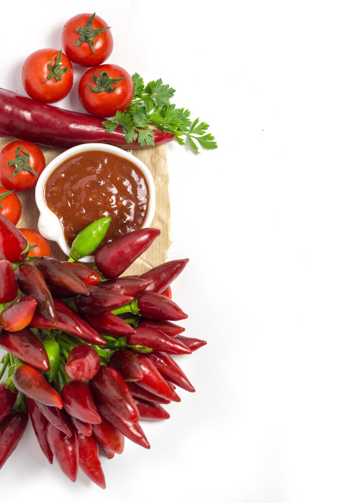 Foto molho de tomate e legumes fechem isolado no branco