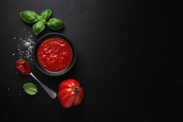 Molho de tomate em uma tigela com sal de manjericão na superfície escura