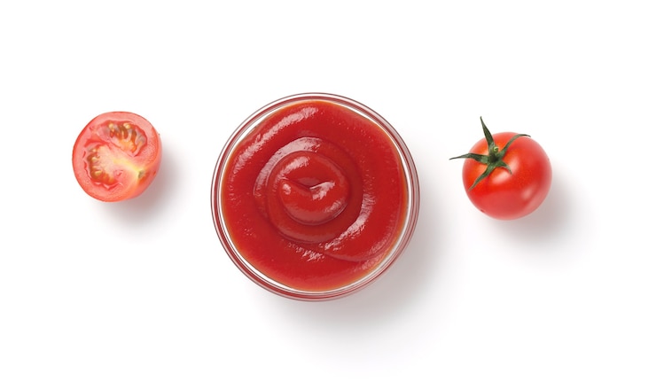Foto molho de tomate em uma tigela isolado no fundo branco