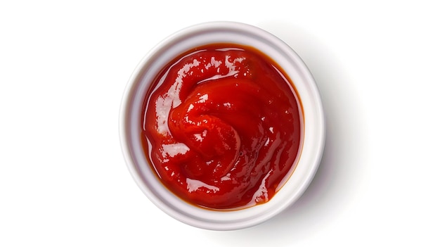 Molho de tomate vermelho ou ketchup em tigela de cerâmica isolado em fundo branco Vista superior F IA generativa