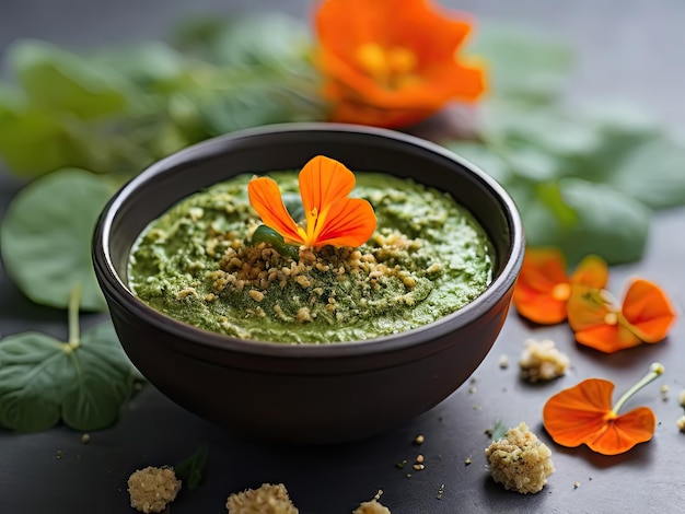 Foto molho feito de folhas e flores da planta nasturtium