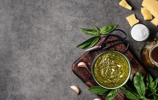 Molho pesto e ingredientes pesto de manjericão verde italiano em uma molheira guarnecida com pinhões layout na mesa de cozinha cinza com espaço de cópia