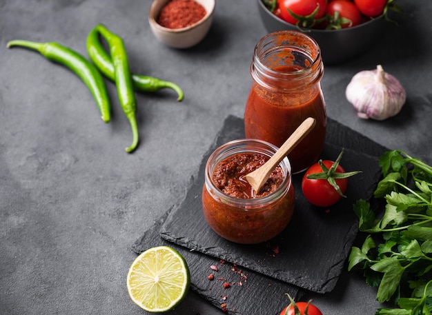 Molho quente adjika Aperitivo caseiro com pimentão e tomate em uma jarra em um fundo escuro com legumes e ervas Estilo rústico