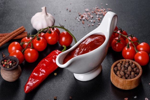 Molho vermelho ou ketchup em uma tigela e ingredientes para cozinhar