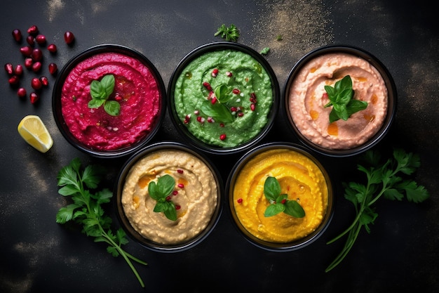 Molhos coloridos de hummus com espinafre, beterraba e vegetais, um lanche vegano saudável