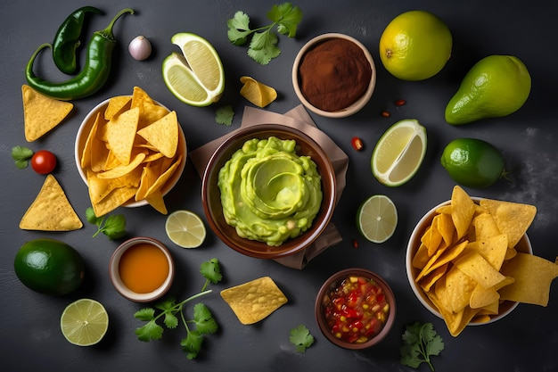 Molhos mexicanos com Guacamole com nachos Ilustração generativa de IA