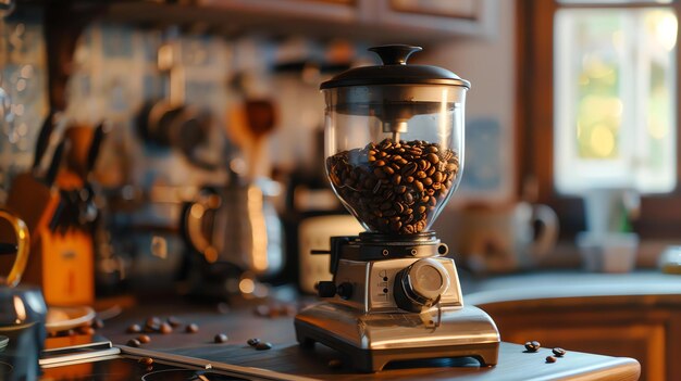 Un molinillo de café eléctrico se encuentra en un mostrador de la cocina El molinillo está hecho de acero inoxidable y tiene una tolva de plástico transparente