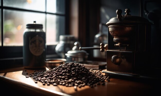 Un molinillo de café sentado en la parte superior de una mesa de madera