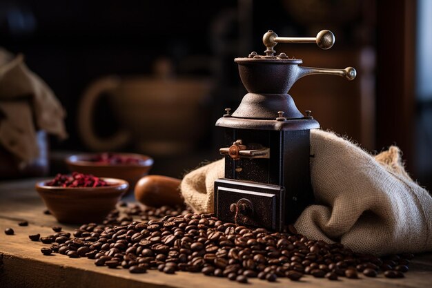 Foto el molinillo de granos de café se apoya en un saco rústico