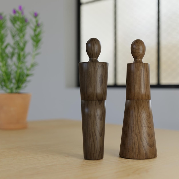 Molinillo de pimienta de madera de representación 3D en la mesa de comedor Wood Pepper G