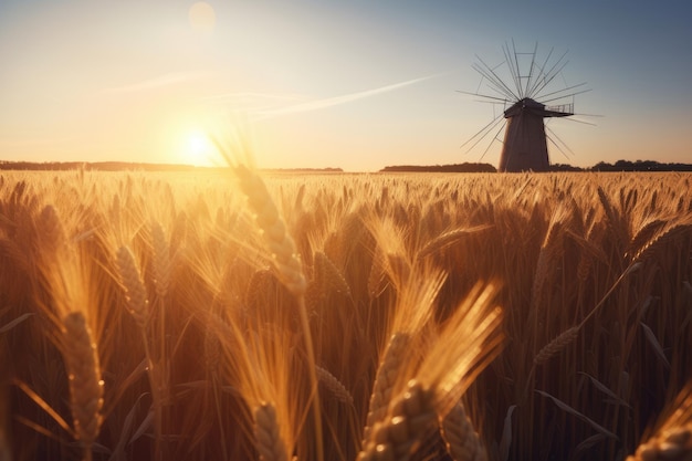 Molino de campo de trigo dorado en el fondo puesta de sol generativa suave IA