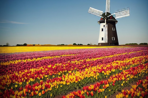 Foto molino solitario de pie campo de flor de tulipán gris cubierto