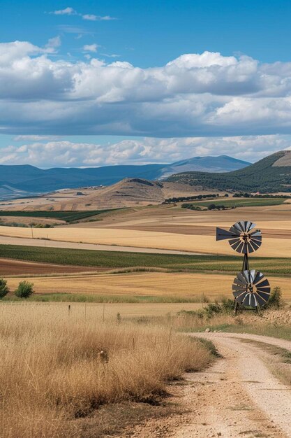 un molino de viento en un camino de tierra en el medio de un campo