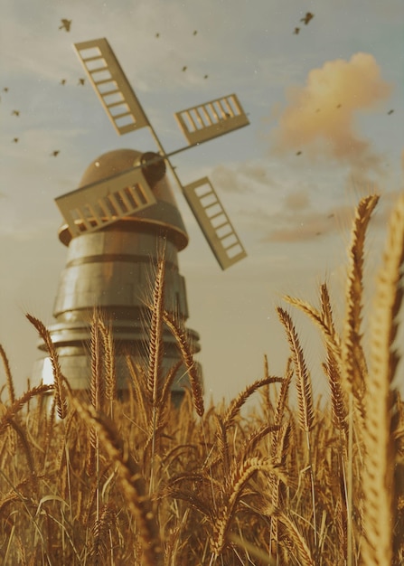 Foto un molino de viento en un campo de trigo