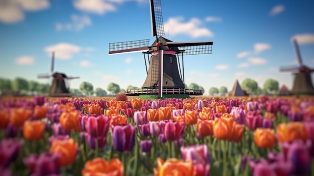 Un molino de viento en un campo de tulipanes con un cielo azul de fondo.