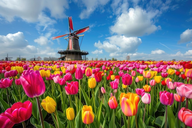 Molino de viento holandés sobre un campo de tulipanes de colores Países Bajos