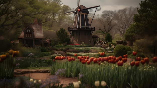 Molino de viento en el jardín de flores de tulipán ai generativo