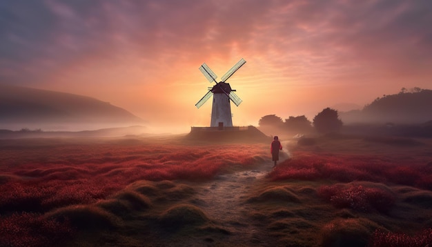 Molino de viento en un paisaje vívido