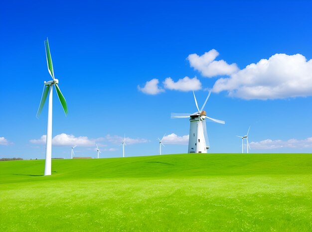 Molino de viento con un prado verde y un cielo azul