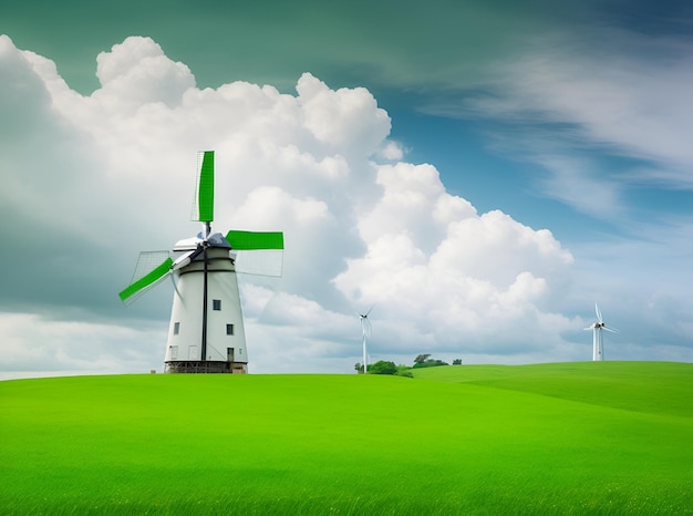 Molino de viento con un prado verde y un cielo nublado