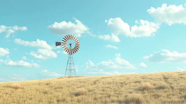 Un molino de viento solitario se encuentra en un campo de trigo bajo un cielo azul