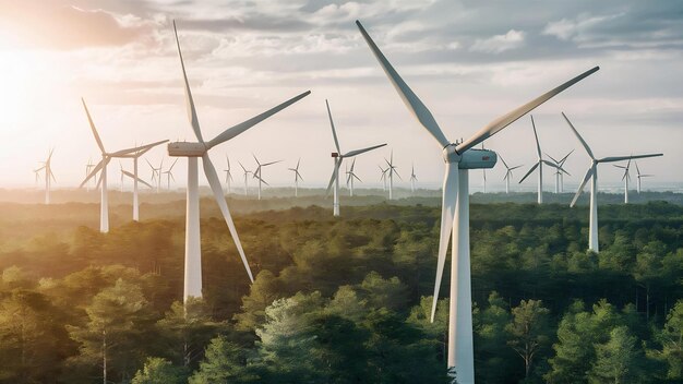 Molinos eólicos vista aérea de molinos eólicos en el verde bosque de verano en Finlandia turbinas eólicas para energía eléctrica