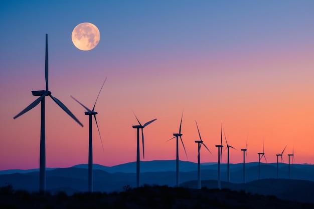 Molinos de viento contra el cielo del crepúsculo con luna llena