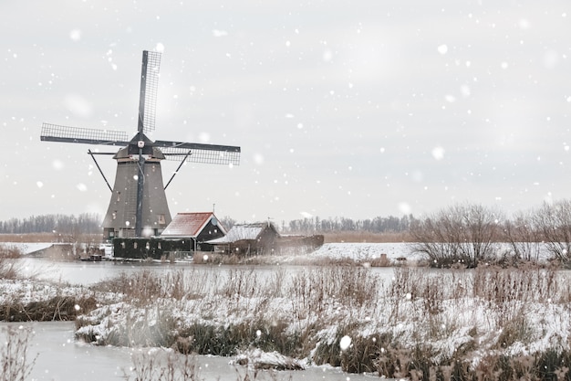 Molinos de viento en Kinderdijk, Países Bajos en invierno