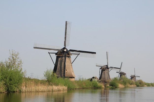 Molinos de viento en la orilla del canal