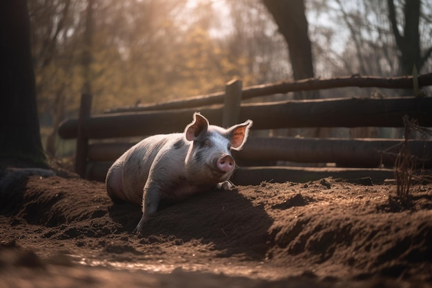 Molliges rosa Schwein in der Schlammfarm im Hintergrund generative IA