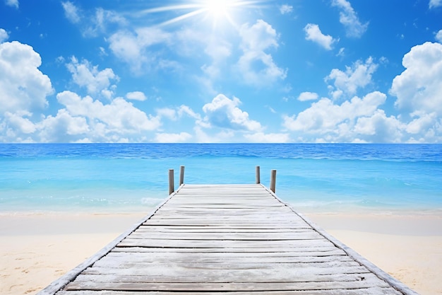 Molo de madeira em uma praia tropical com céu azul e nuvens brancas