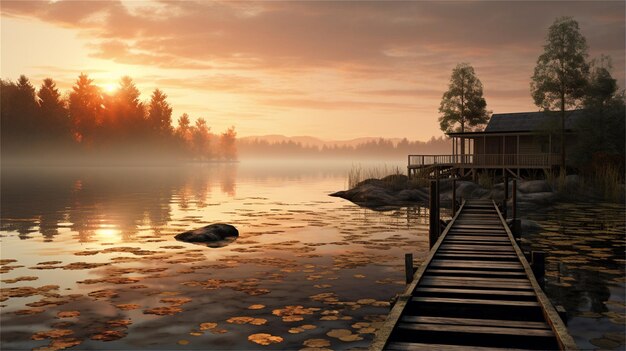 Molo de madeira no lago ao nascer do sol 3d render