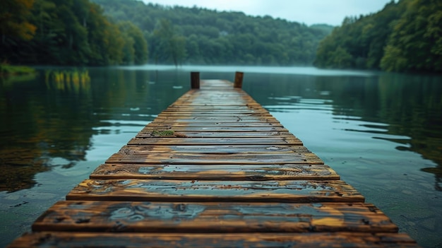 Molo de madeira que se estende para um lago nebuloso cenário de natureza serena e tranquila