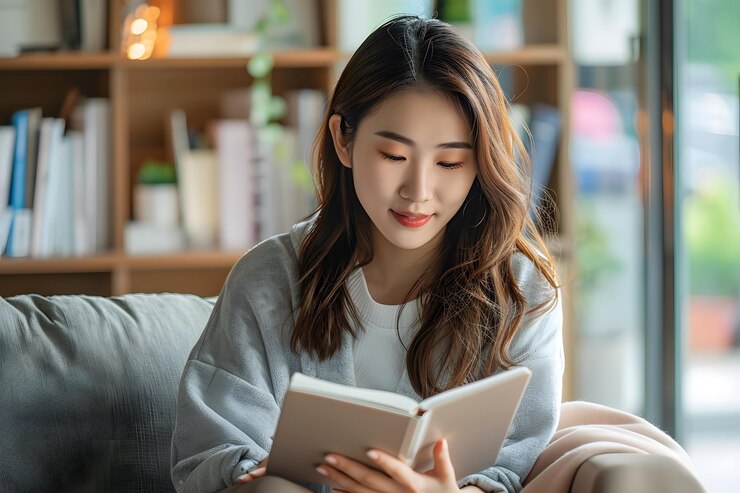 Momento acogedor de lectura Una joven disfruta de un libro en un espacio luminoso y acogedor