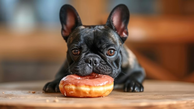 El momento alegre de un Bulldog francés El perro come rosquilla en una fotografía especial